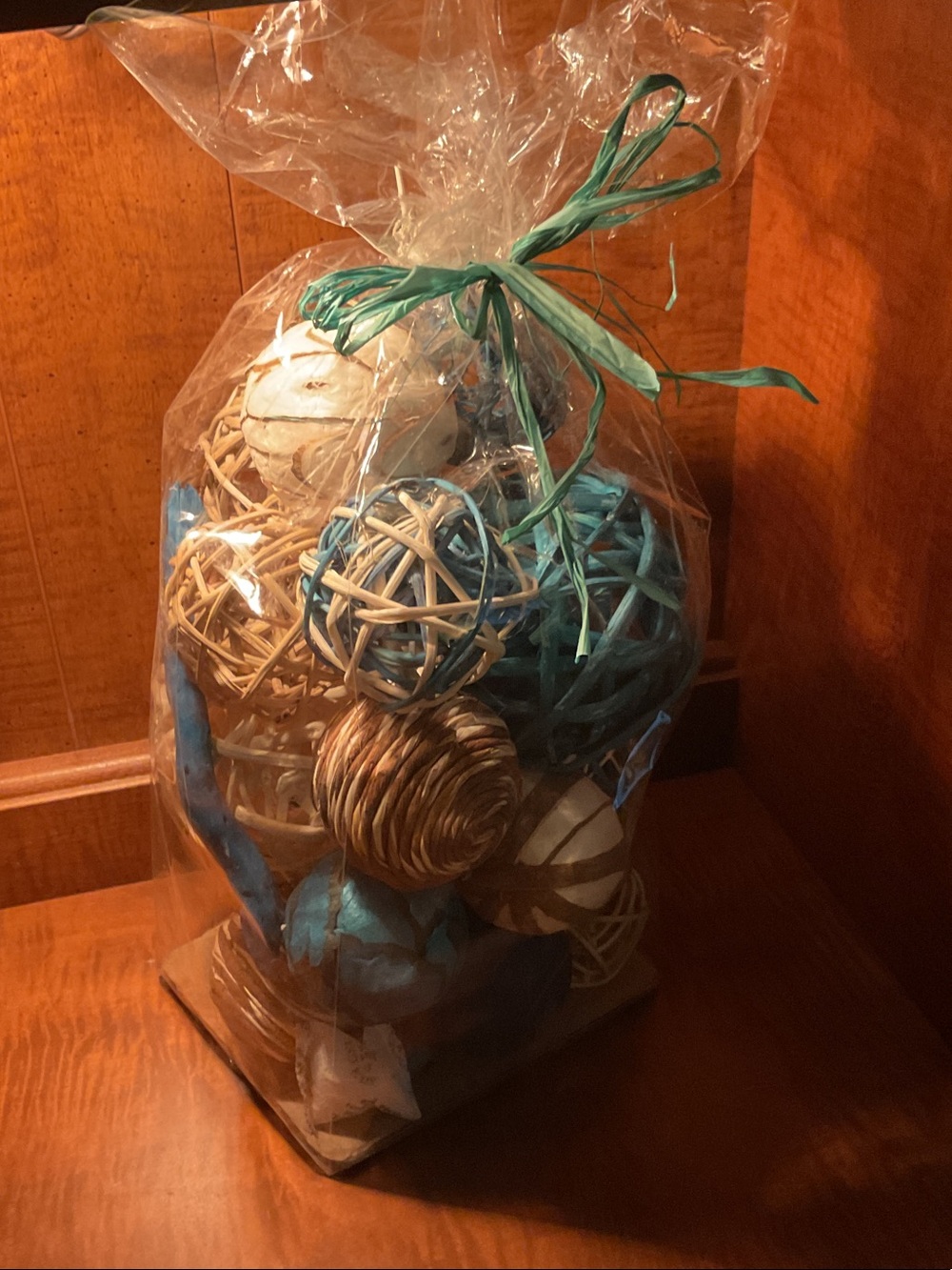 Decorative Natural and Teal Rattan Ball Display - Home Accents